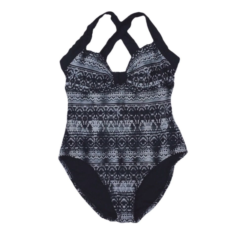 Women’s XS/S Black White Print One-Piece Swimsuit Padded Cross Back Vacation